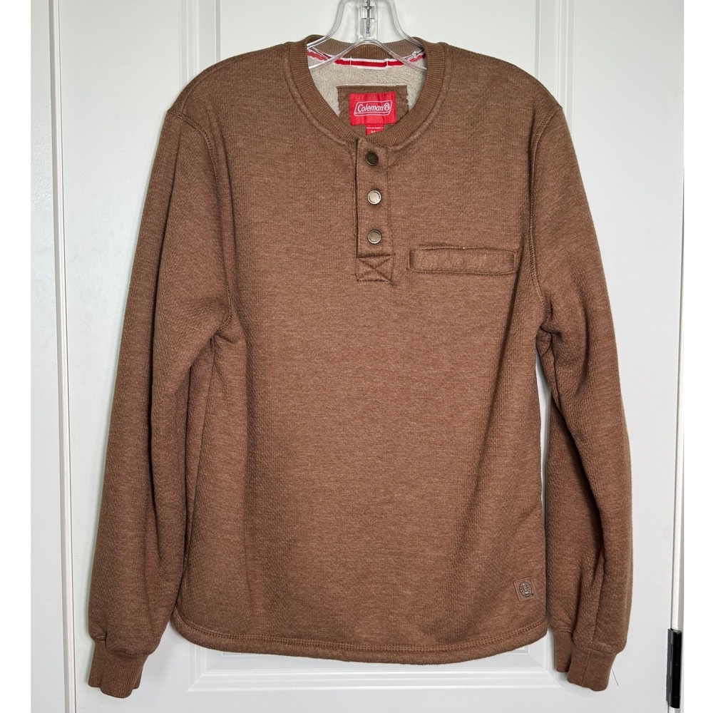 Coleman Mens Medium Brown Knit Sherpa Lined Button‎ Henley Pullover